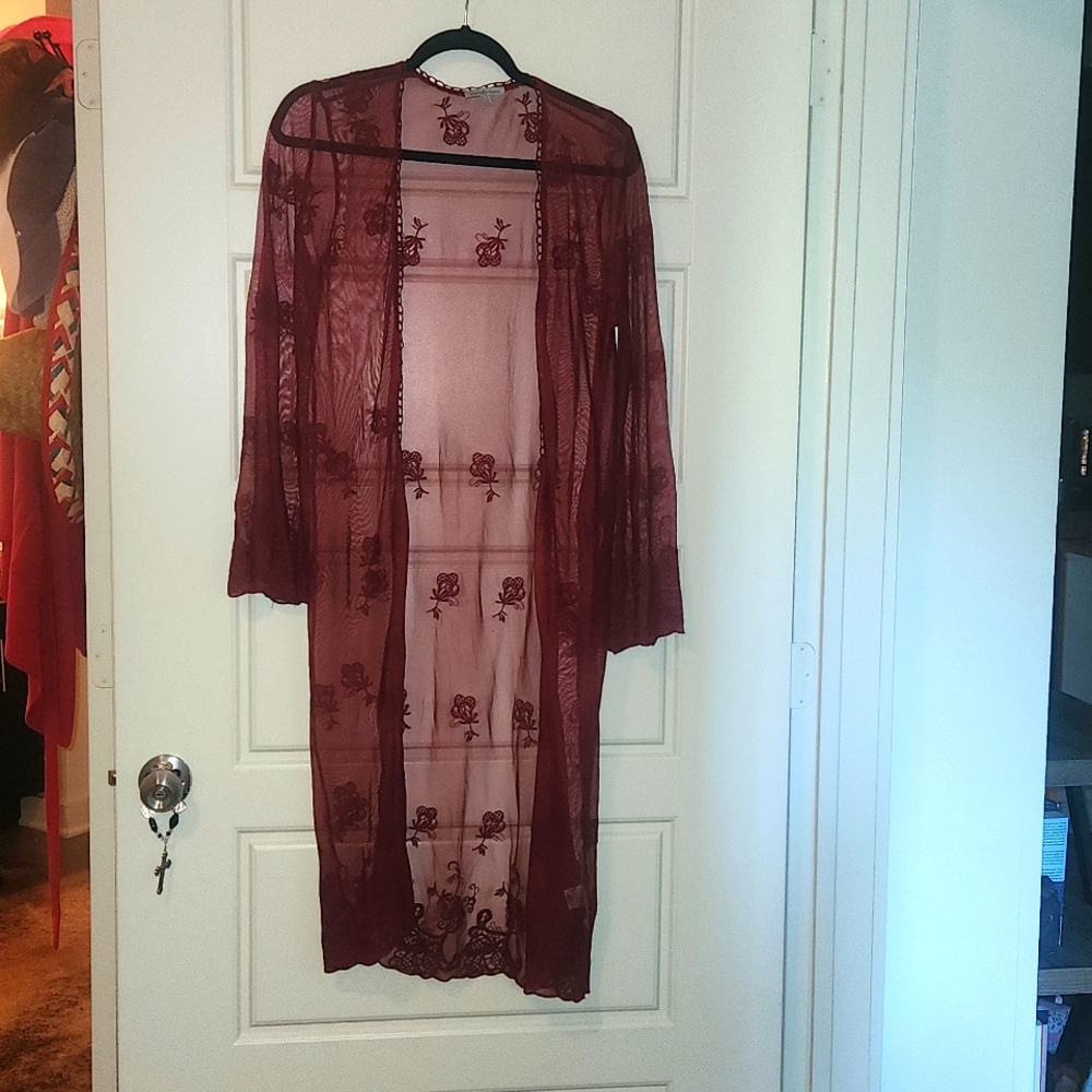 Charlotte Russe Mesh Sheer Red Floral Embroidered Kimono